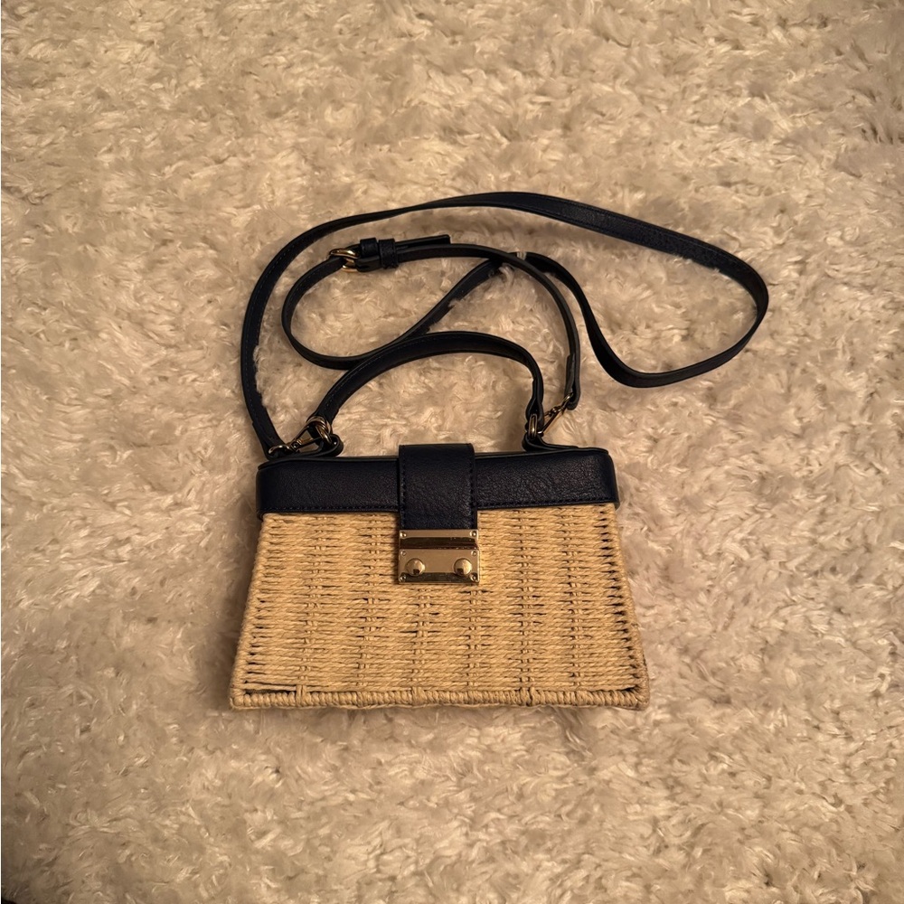 LC Lauren Conrad Wicker Top Handle bag with Navy Trim and Detachable Strap